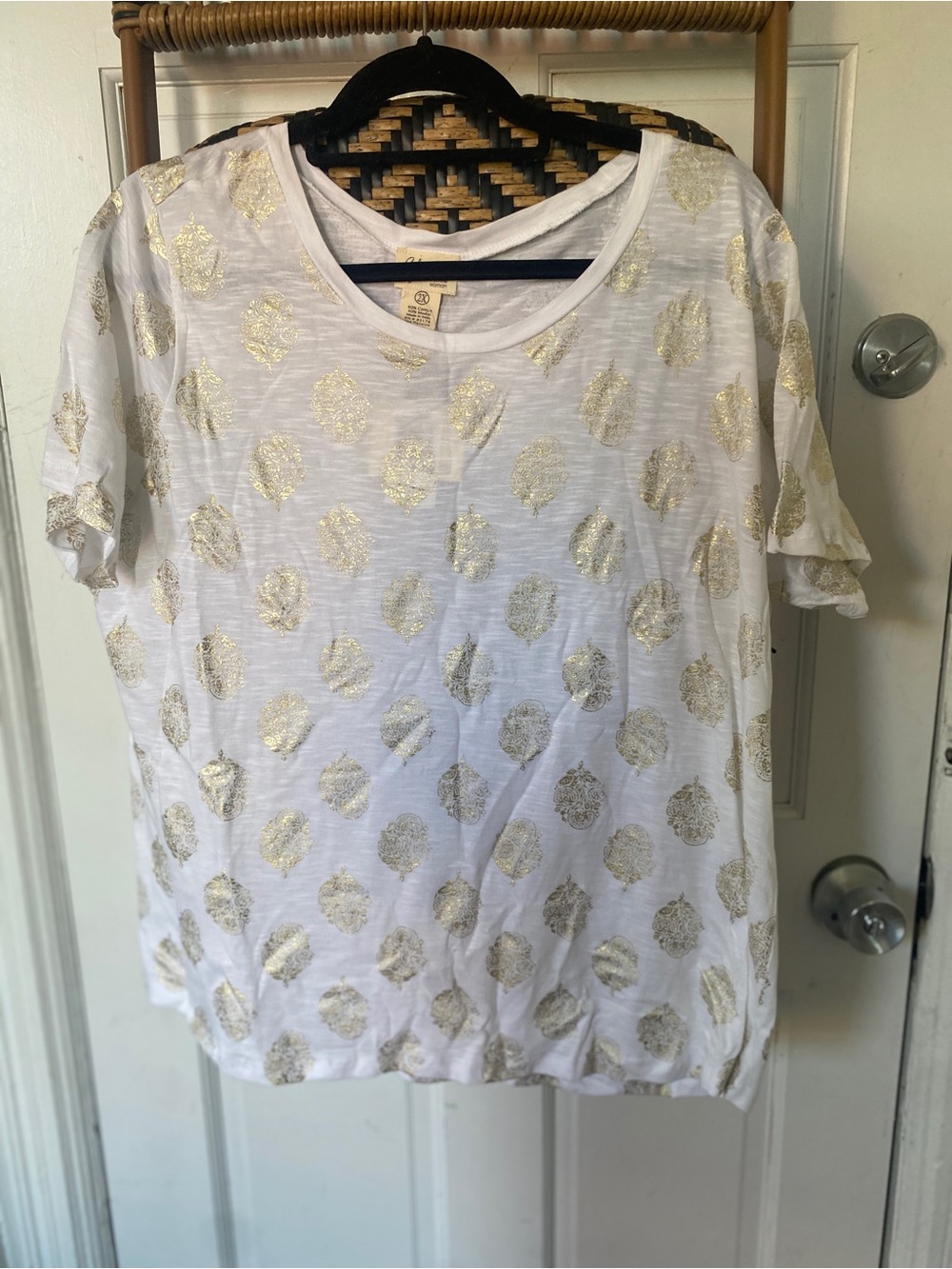 Andrea Jovine White Short Sleeve Tee with Gold Foil Medallions